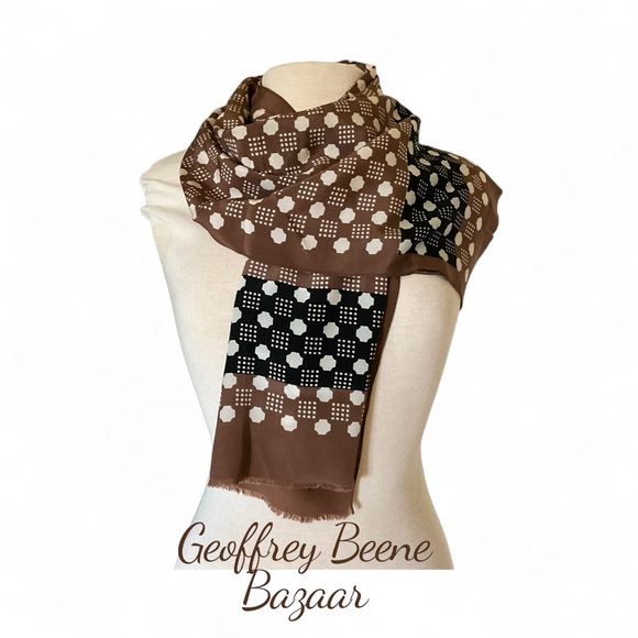 Geoffrey Beene Bazaar Geometric Dot Brown Black White Oblong Scarf Vintage - Picture 1 of 10